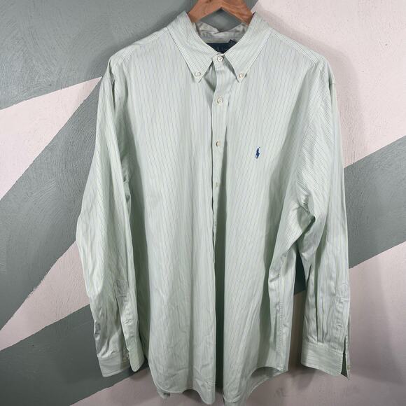 Ralph Lauren Long Sleeve Shirt Men Size17.5 Green Classic Fit Stripe Button Down - Picture 9 of 10